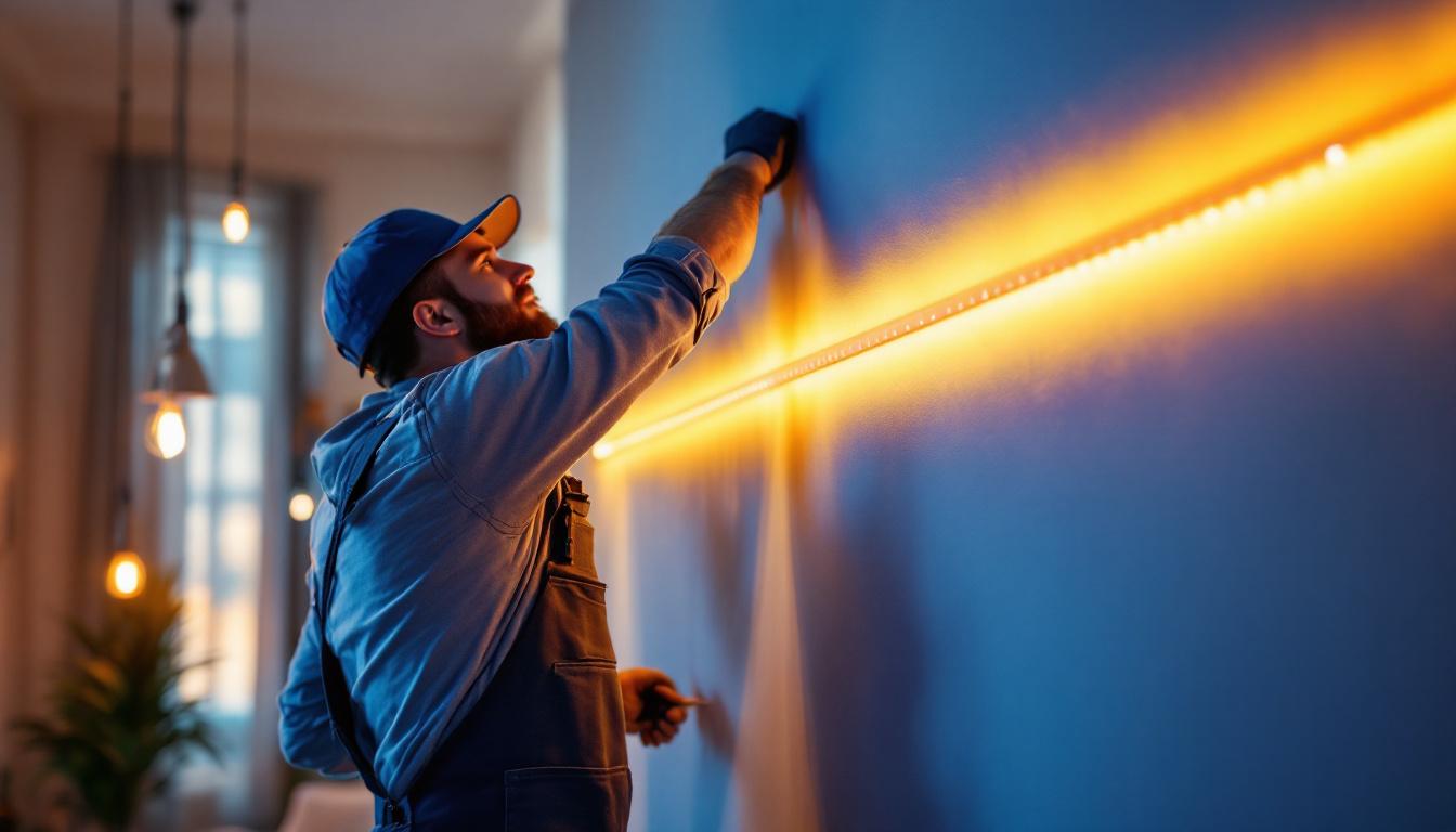 A photograph of a lighting contractor expertly installing a 3ft led strip light in a stylish interior setting