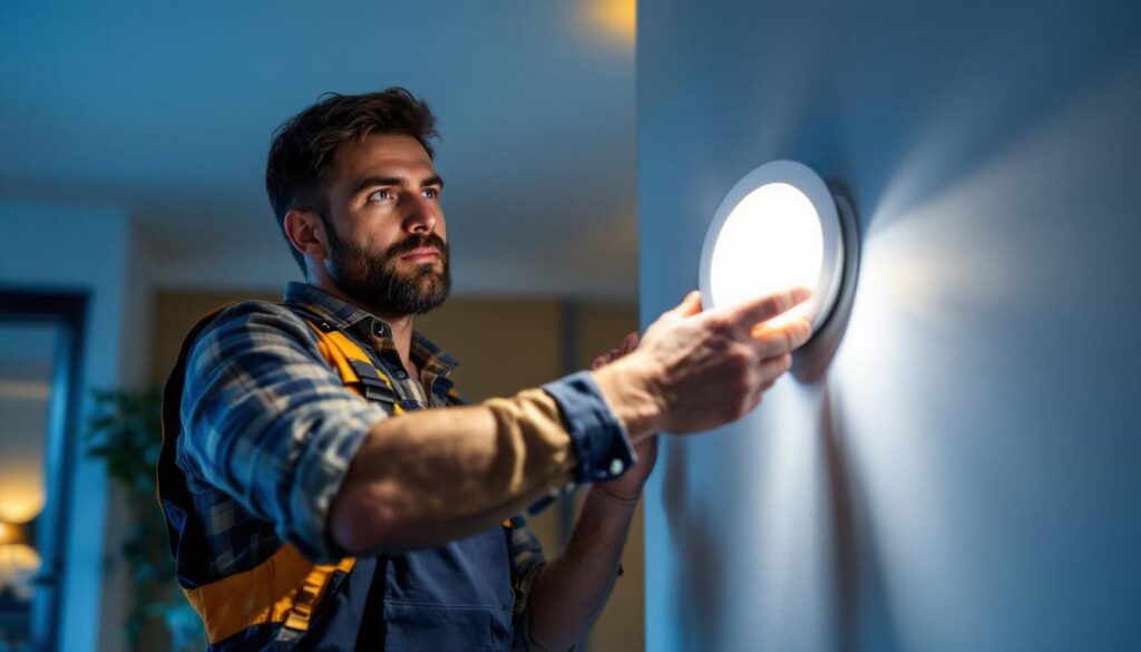 A photograph of a skilled lighting contractor installing an 8-inch retrofit led downlight in a modern residential setting