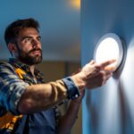 A photograph of a skilled lighting contractor installing an 8-inch retrofit led downlight in a modern residential setting