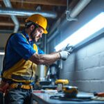 A photograph of a lighting contractor installing a 4-foot fluorescent led replacement tube in a commercial setting