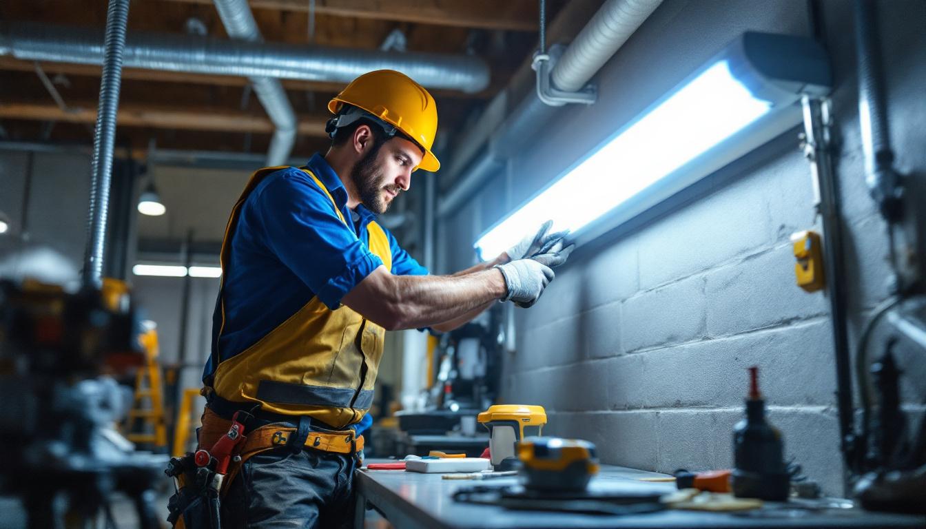 A photograph of a lighting contractor installing a 4-foot fluorescent led replacement tube in a commercial setting