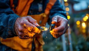 A photograph of a lighting contractor skillfully installing a waterproof wire splice connector in an outdoor setting