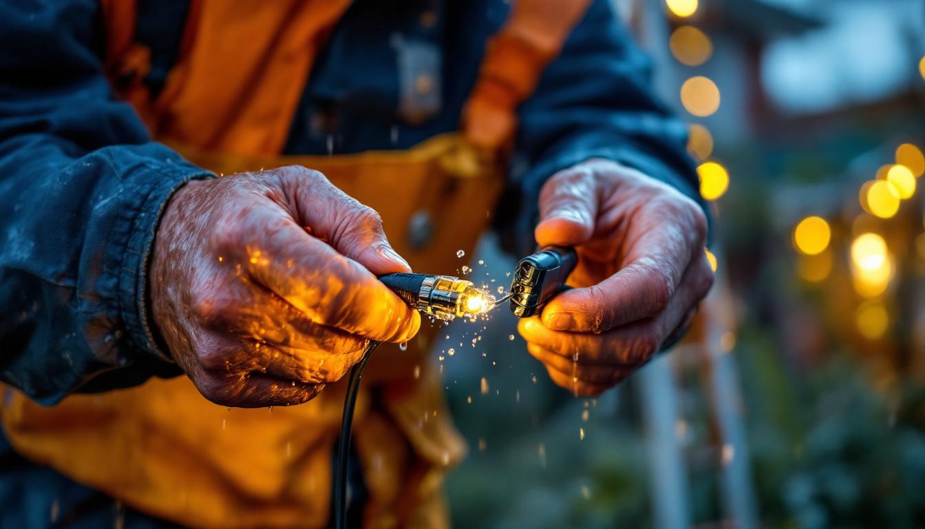 A photograph of a lighting contractor skillfully installing a waterproof wire splice connector in an outdoor setting