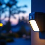 A photograph of a modern motion sensor light installed in an outdoor setting