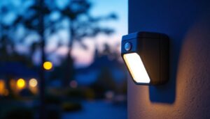A photograph of a modern motion sensor light installed in an outdoor setting