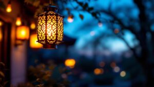 A photograph of a beautifully illuminated solar-powered soji lantern hanging in a serene outdoor setting at dusk