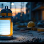 A photograph of a collapsible solar-powered lantern in use at a construction site during dusk