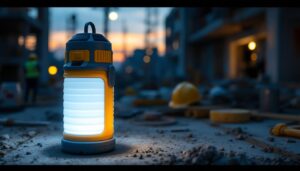 A photograph of a collapsible solar-powered lantern in use at a construction site during dusk