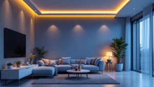 A photograph of capture a photograph of a modern living space featuring a sleek 2-inch led recessed light installation