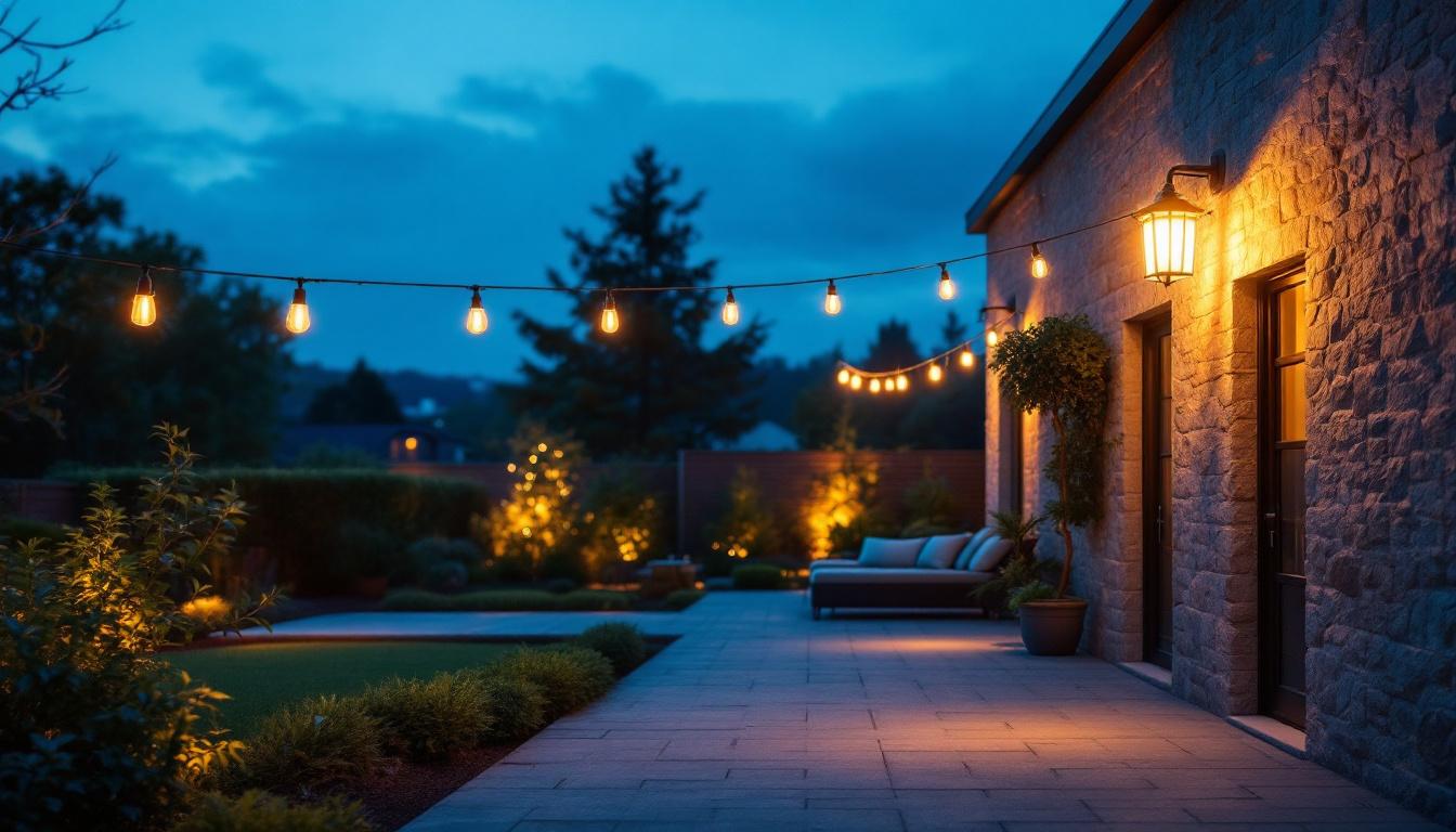 A photograph of a beautifully illuminated outdoor space at dusk