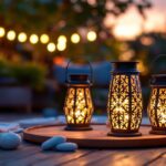 A photograph of a beautifully arranged outdoor setting featuring solar-powered decorative lanterns illuminating a garden or patio