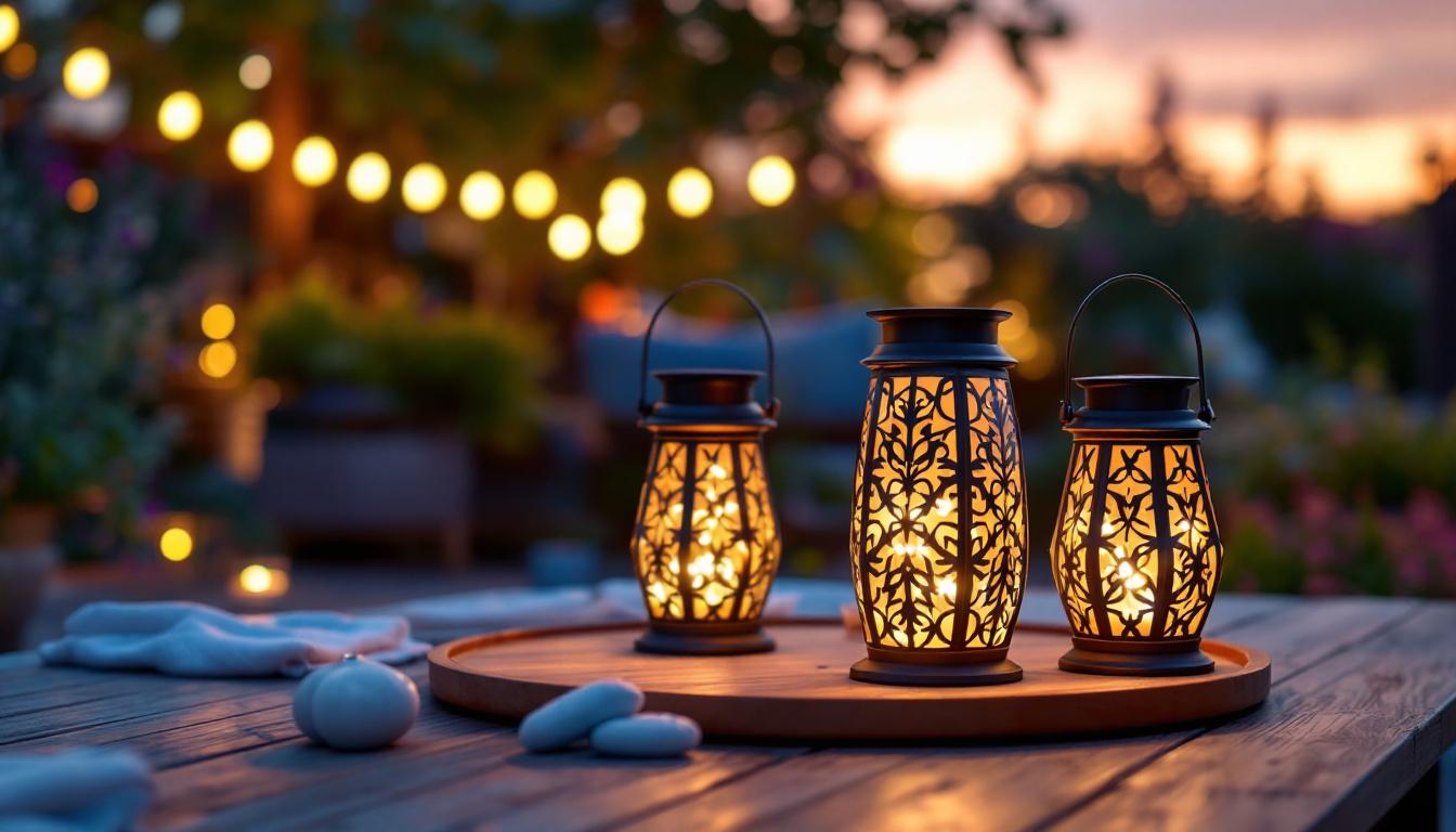 A photograph of a beautifully arranged outdoor setting featuring solar-powered decorative lanterns illuminating a garden or patio