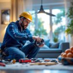 A photograph of a skilled lighting contractor expertly replacing fan components in a well-lit