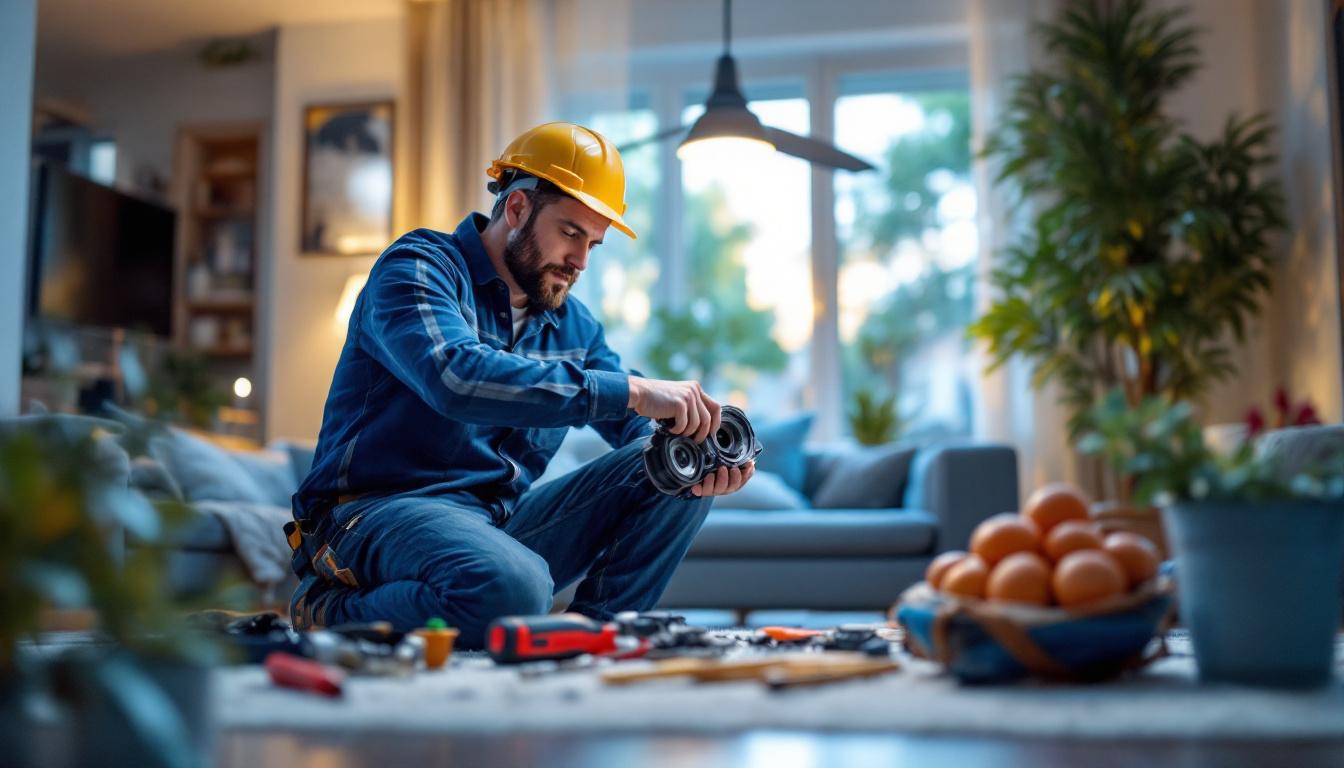 A photograph of a skilled lighting contractor expertly replacing fan components in a well-lit