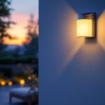 A photograph of a beautifully illuminated outdoor space featuring solar wall mount lights installed on a stylish exterior wall