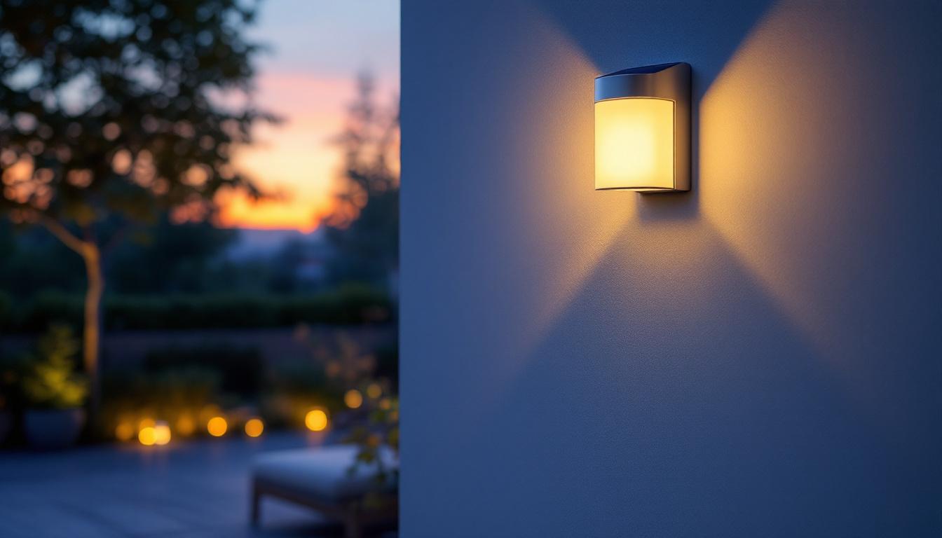 A photograph of a beautifully illuminated outdoor space featuring solar wall mount lights installed on a stylish exterior wall