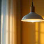 A photograph of a stylishly designed drop-down lamp in an elegantly lit interior space