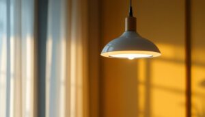 A photograph of a stylishly designed drop-down lamp in an elegantly lit interior space