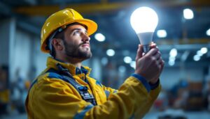 A photograph of a lighting contractor installing or inspecting a bright