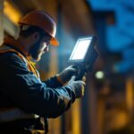 A photograph of a lighting contractor skillfully installing a commercial floodlight in an outdoor setting