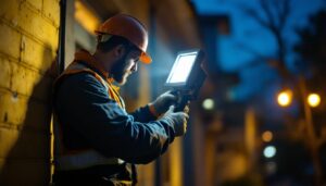 A photograph of a lighting contractor skillfully installing a commercial floodlight in an outdoor setting