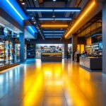 A photograph of a well-lit retail space showcasing vibrant led lighting installations