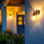 A photograph of a well-lit outdoor entryway featuring stylish light fixtures