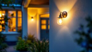 A photograph of a well-lit outdoor entryway featuring stylish light fixtures