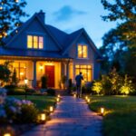 A photograph of a lighting contractor installing dusk till dawn outdoor lights in a residential setting