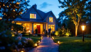 A photograph of a lighting contractor installing dusk till dawn outdoor lights in a residential setting