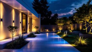 A photograph of a well-lit outdoor space showcasing various led lighting installations