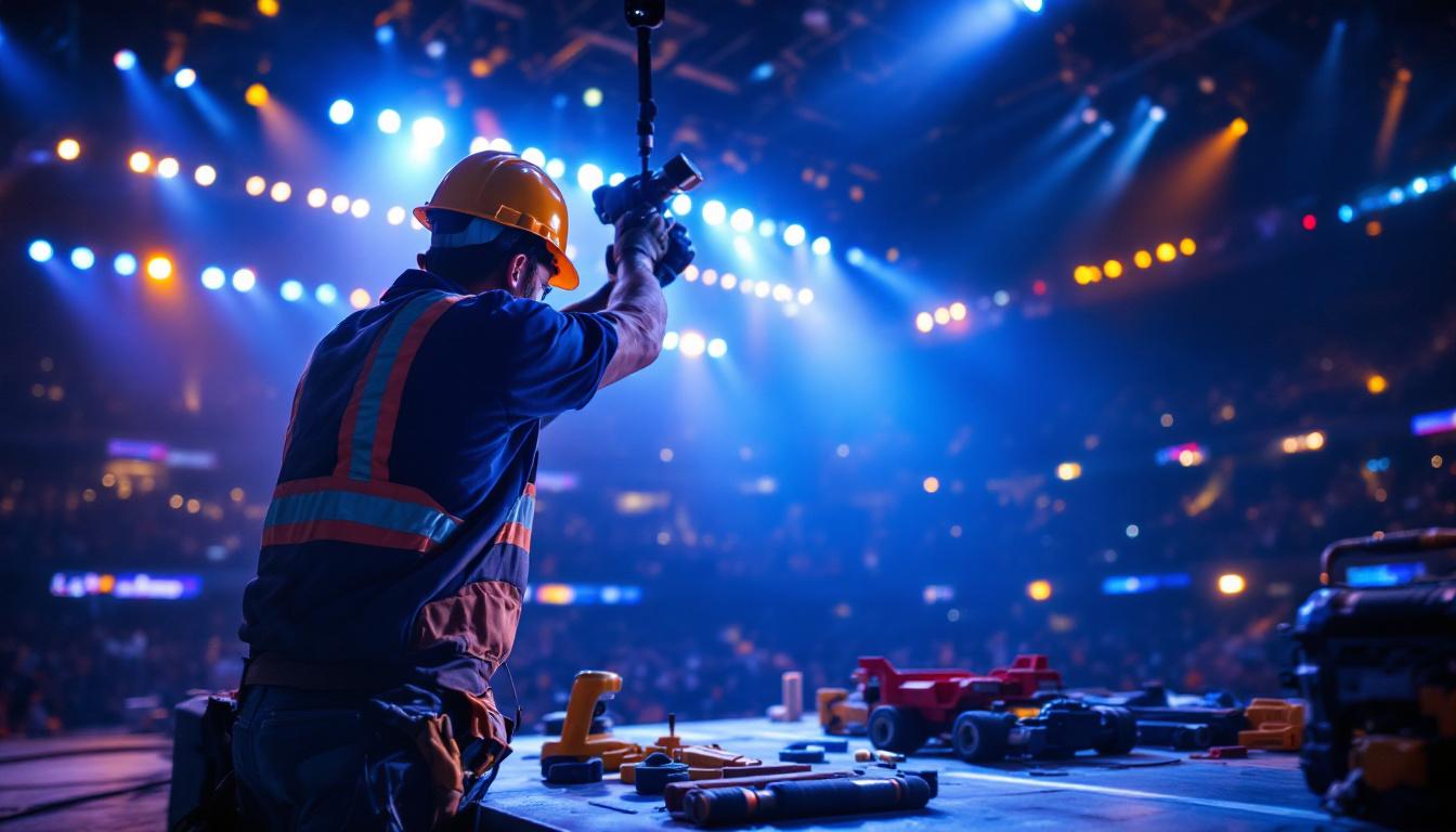 A photograph of a lighting contractor expertly installing led arena lights in a large venue