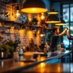 A photograph of a beautifully designed coffee shop interior featuring warm