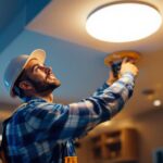 A photograph of a skilled lighting contractor expertly installing led fixtures in a modern residential or commercial space