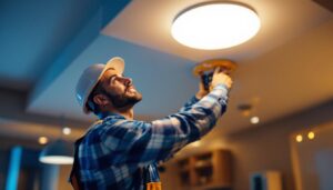 A photograph of a skilled lighting contractor expertly installing led fixtures in a modern residential or commercial space