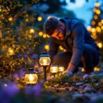 A photograph of a beautifully arranged display of tiny solar lanterns in a natural outdoor setting