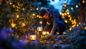 A photograph of a beautifully arranged display of tiny solar lanterns in a natural outdoor setting