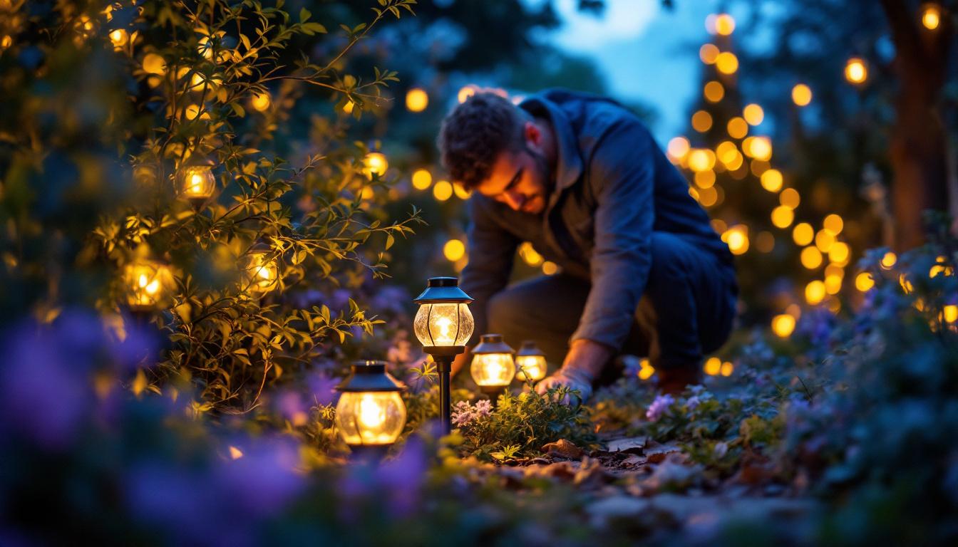 A photograph of a beautifully arranged display of tiny solar lanterns in a natural outdoor setting