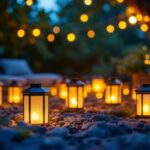 A photograph of a beautifully lit outdoor scene featuring a variety of solar lanterns illuminating a cozy gathering space