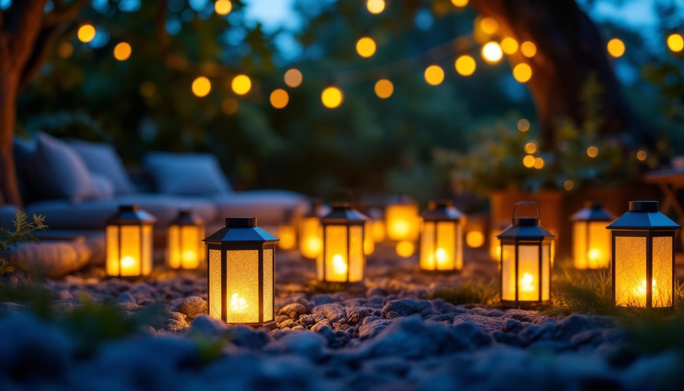 A photograph of a beautifully lit outdoor scene featuring a variety of solar lanterns illuminating a cozy gathering space