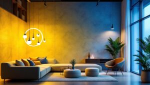 A photograph of a modern lighting installation featuring led one corporation's products in a stylish interior setting