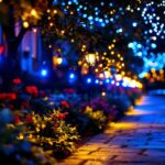 A photograph of a beautifully illuminated outdoor scene featuring solar path christmas lights adorning a walkway or garden