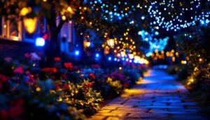 A photograph of a beautifully illuminated outdoor scene featuring solar path christmas lights adorning a walkway or garden