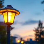 A photograph of a beautifully illuminated solar-powered lamp post in a residential or commercial setting during twilight