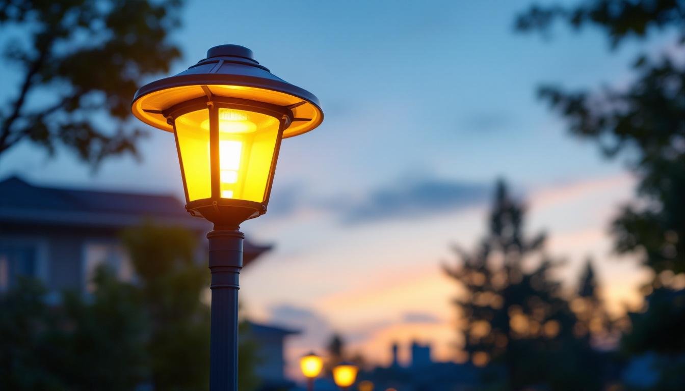 A photograph of a beautifully illuminated solar-powered lamp post in a residential or commercial setting during twilight
