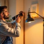 A photograph of a skilled lighting contractor installing a stylish keystone lamp in a beautifully designed interior space