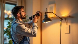 A photograph of a skilled lighting contractor installing a stylish keystone lamp in a beautifully designed interior space