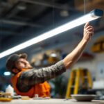 A photograph of a lighting contractor effortlessly installing a plug-and-play led tube in a commercial setting