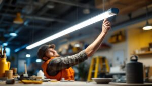 A photograph of a lighting contractor effortlessly installing a plug-and-play led tube in a commercial setting