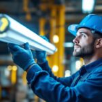 A photograph of a lighting contractor expertly installing or showcasing an f30t8 fluorescent tube in a commercial setting
